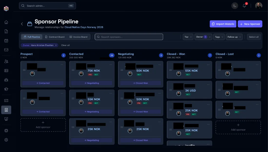 Sponsor CRM pipeline board with tiers and contract status